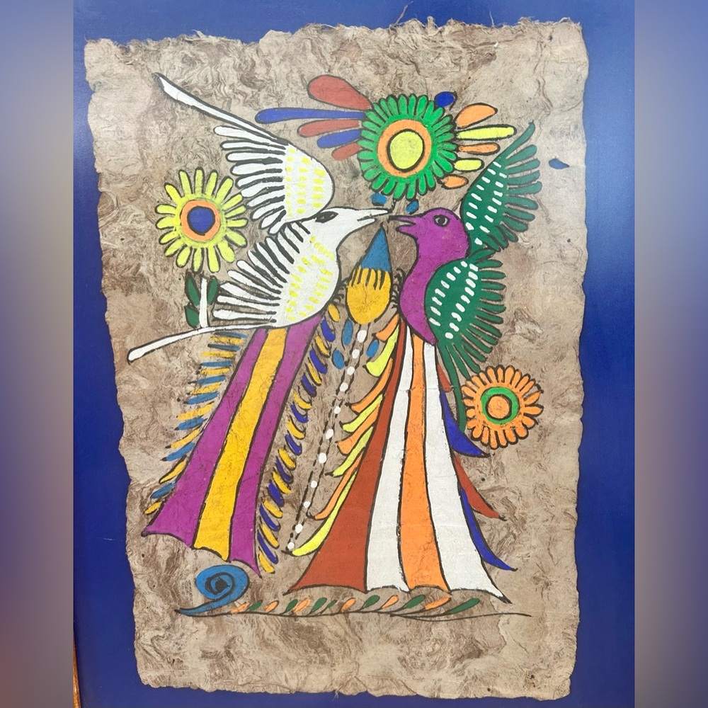 VTG Mexican Amate Bark Paper Folk Art Birds Hand Painted 13 x 17" Frame